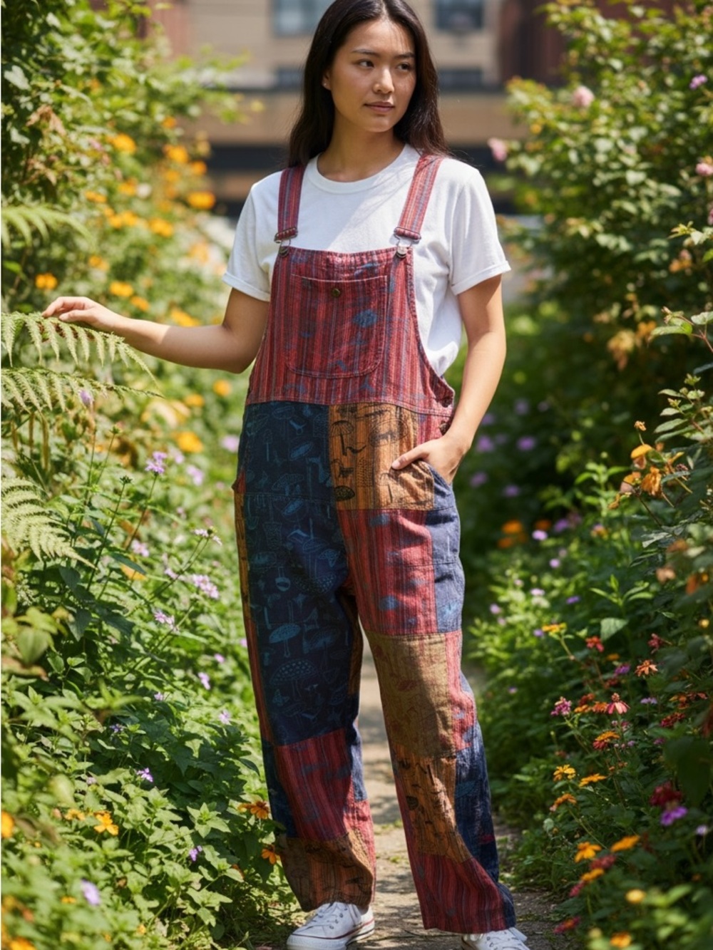 Patchwork Striped Cotton Overalls in Rust, Navy & Mustard From Nepal